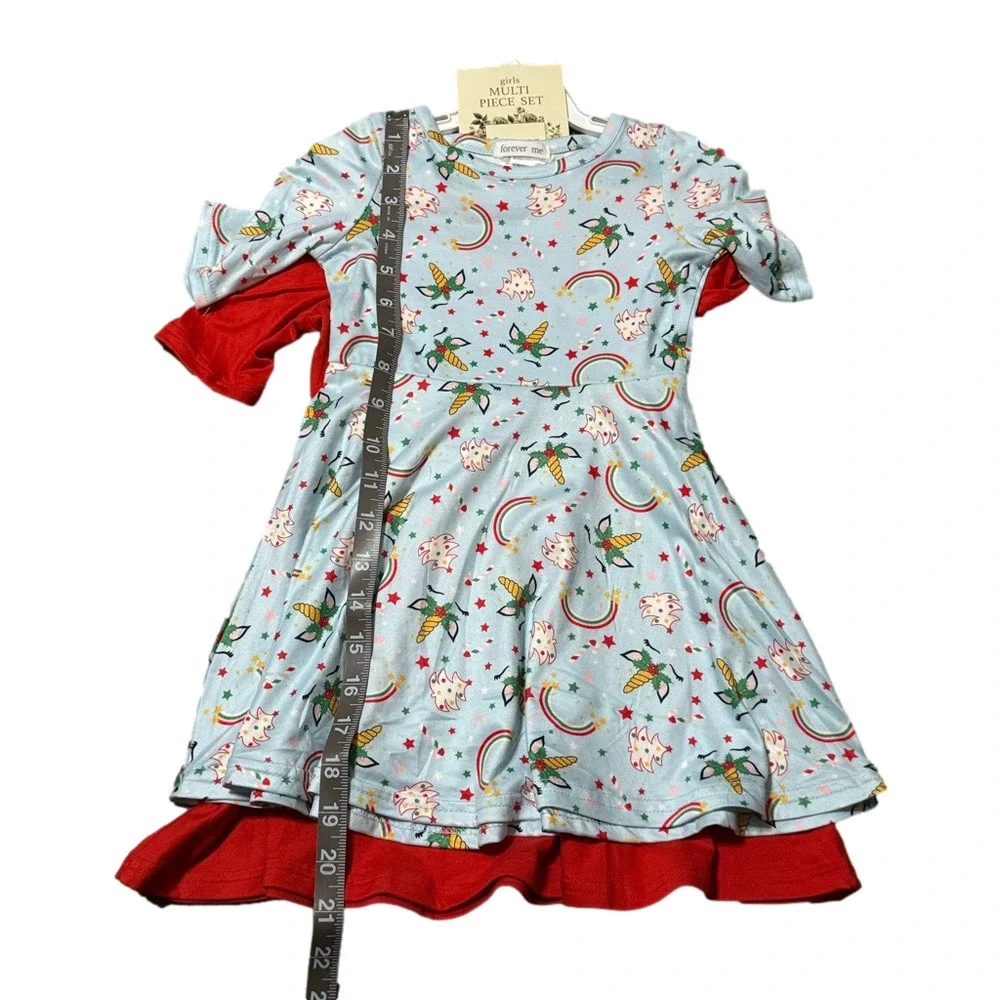 Forever Me Girls Multi Piece Set Red Unicorn Dress & Blue Unicorn Rainbow 2T